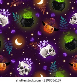 Halloween Seamless Pattern Background With Drawing Elements - Pumpkin, Cauldron With A Potion, Crystals, Butterflies And Skull. Vector Illustration