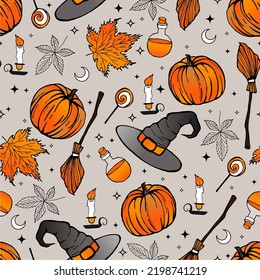 Halloween Seamless Pattern Background With Drawing Elements - Pumpkin, Hat, Broomstick, Flasks And Leaves. Vector Illustration