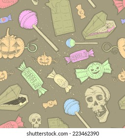 Halloween Seamless Pattern Background, Filled Outlines