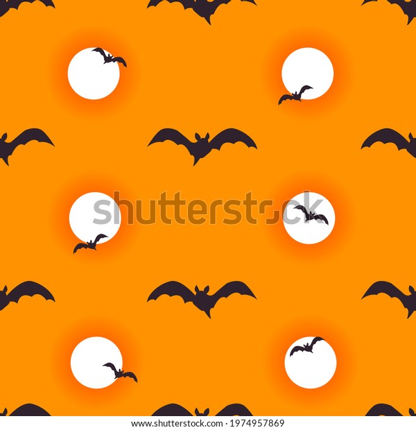Halloween seamless pattern\
background. Flying bats and bloody moon isolated on orange for\
design halloween invitations, cards, menu etc. Vector cartoon\
illustration