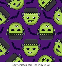 Plano de fundo padrão sem costura Halloween com ilustração Frankenstein para crianças, cartão Halloween, imprimir