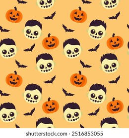 Fondo de patrón sin fisuras de Halloween con divertido fantasma, zombi, calabaza, ilustración de diseño plano de murciélago