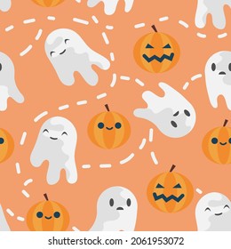Halloween seamless pattern background, ghost, pumpkins. Vector illustration for design, fabric or wrapping paper.