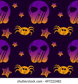Halloween seamless pattern background. Hand drawn doodle skull, star and spider.