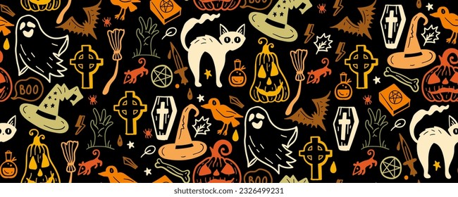 Halloween, nahtloser Musterhintergrund mit Feiertagssymbolen