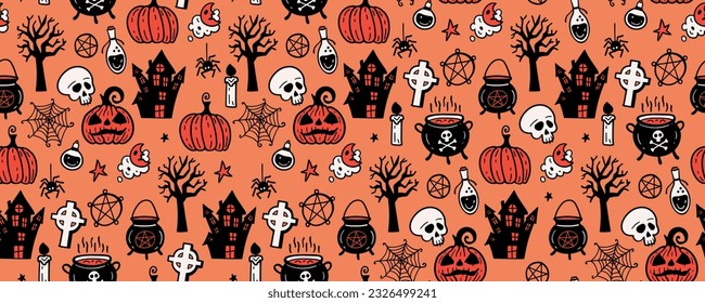 Halloween seamless pattern background with holiday symbols