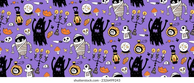 Halloween seamless pattern background with holiday symbols