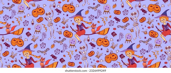 Halloween seamless pattern background with holiday symbols