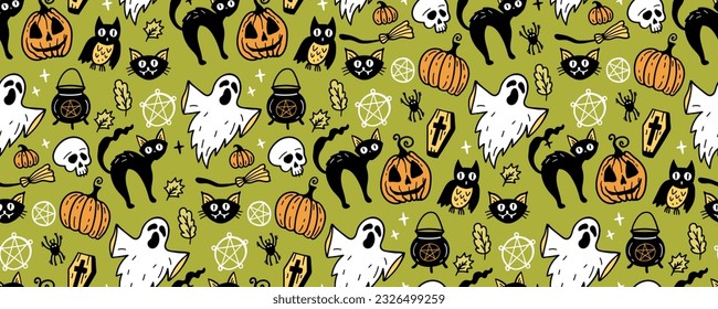 Halloween seamless pattern background with holiday symbols