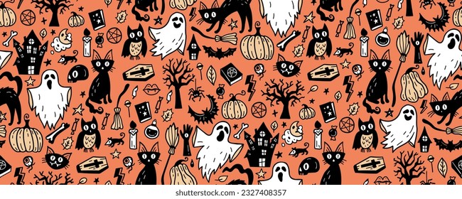 Halloween seamless pattern background with holiday symbols