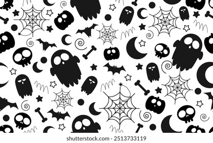 Dia das Bruxas plano de fundo padrão sem costura com feriado. Bonito e engraçado conjunto de ilustração de Halloween. Festa de Halloween com abóbora, fantasma, aranha, morcego, crânio, ossos, lua. Ilustração vetorial. 