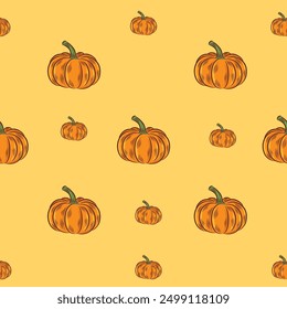 Halloween seamless pattern. Background with illustration of pumpkin. Autumn holiday pattern.