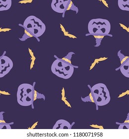 Halloween seamless pattern background, Pumpkin background with witch hat and bat