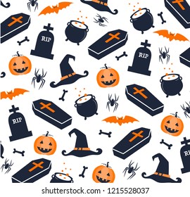 Halloween seamless pattern. Background with pumpkin. Wrapping paper or fabric. Halloween invitation card. Vector illustration in flat design. Set of Halloween icons and design elements.
