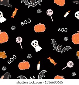 halloween seamless pattern background with pumpkin, bat, lollipop, ghost Hand drawing elements Vector illustration