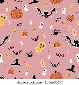 halloween seamless pattern background with pumpkin, bat, lollipop, ghost Hand drawing elements Vector illustration