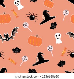 halloween seamless pattern background with pumpkin, bat, lollipop, ghost Hand drawing elements Vector illustration