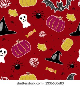 halloween seamless pattern background with pumpkin, bat, lollipop, ghost Hand drawing elements Vector illustration
