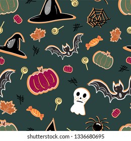 halloween seamless pattern background with pumpkin, bat, lollipop, ghost Hand drawing elements Vector illustration