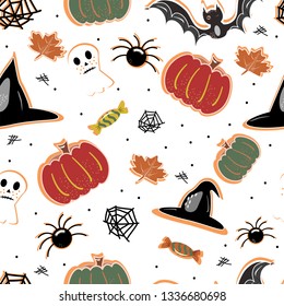 halloween seamless pattern background with pumpkin, bat, lollipop, ghost Hand drawing elements Vector illustration