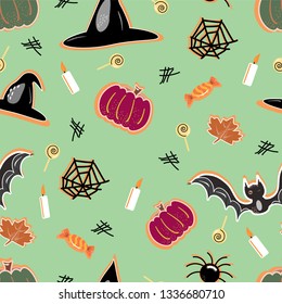 halloween seamless pattern background with pumpkin, bat, lollipop, ghost Hand drawing elements Vector illustration