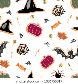 halloween seamless pattern background with pumpkin, bat, lollipop, ghost Hand drawing elements Vector illustration