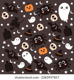 Halloween seamless pattern Background with pumpkins and cute ghosts, spiders, bats, vector illustration