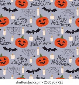 Halloween seamless pattern. Halloween background with pumpkins, bats, spiders and candles. Flat vector illustration