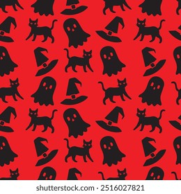 Halloween seamless pattern with background red orange,cats, ghost and hat.