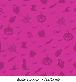 halloween seamless pattern background in rose color with black cat, pumpkin, spiderweb, cauldron, potion, skull, spiders and bats.