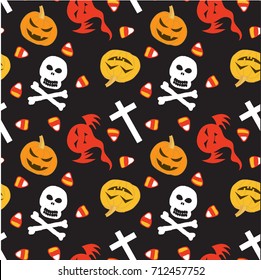 Halloween seamless pattern background scrapbook paper, gift wrap paper, for Halloween holiday vector items in orange, yellow, white colors and black background.