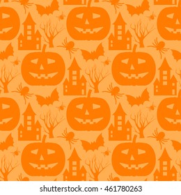 Halloween seamless pattern. Background with silhouettes of spiders, pumpkins, bats, trees, castles.