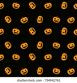 Halloween seamless pattern background with simply cute smiling pumpkin face on black color. Vector ornament texture.