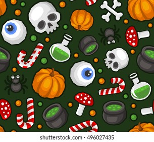 Halloween Seamless Pattern Background with Spider, Skull, Pumpkin, Candy, Bones and Eye