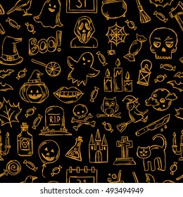 Halloween seamless pattern. Background with Halloween symbols. Hand drawn sketches of All Saints' Day