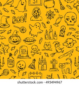 Halloween seamless pattern. Background with Halloween symbols. Hand drawn sketches of All Saints' Day