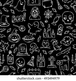 Halloween seamless pattern. Background with Halloween symbols. Hand drawn sketches of All Saints' Day