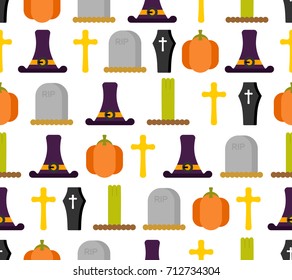 Halloween seamless pattern. Background for terrible holiday. hat witch and tombstone. Pumpkin and zombies. Vector illustration
