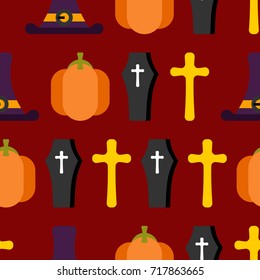 Halloween seamless pattern. Background for terrible holiday. hat witch and tombstone. Pumpkin and zombies