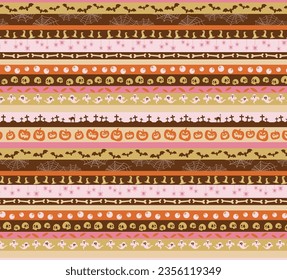 Halloween seamless pattern, halloween background, texture, retro colors, vintage, groove, pumpkin, bat, ghost, spider, web, zombie eye, skull, bone. Cute. Flat sillhouette type. 