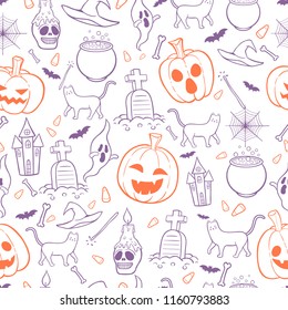 Halloween seamless pattern background vector in doodles style