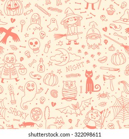 Halloween seamless pattern. Background vector. Pumpkin, Ghosts,  Cats, Skulls, Bats and other symbols.