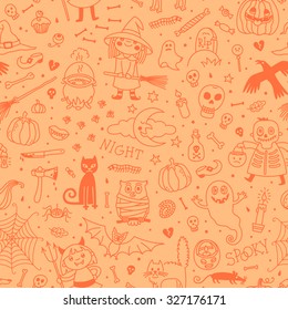 Halloween seamless pattern. Background vector. Pumpkin, Ghosts,  Cats, Skulls, Bats and other symbols.