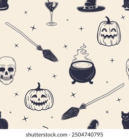 Halloween seamless pattern. Halloween Background. Vintage Halloween icons isolated on white background. Vector illustration 