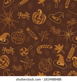 Halloween Seamless Pattern Background Wallpaper with Pumpkin, Spider, Candy, Witch hat and Leaf.