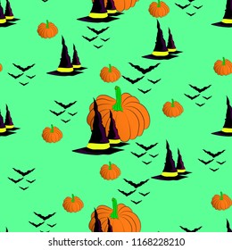 Halloween seamless pattern background with witches hats, orange pumpkins and  black bats: vector illustration.