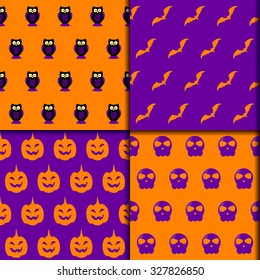 Halloween seamless pattern backgrounds set with cartoon elements isolated on bright purple  and orange background