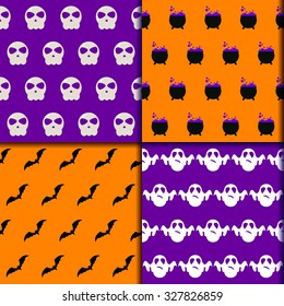 Halloween seamless pattern backgrounds set with cartoon elements isolated on bright purple  and orange background