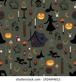 Halloween seamless pattern. Backgrounds and wallpapers for invitations, cards, fabrics, packaging, textiles. Vector illustration.