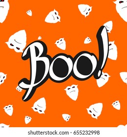 Halloween seamless pattern, banner with monsters and Boo lettering, flat design template, vector illustration